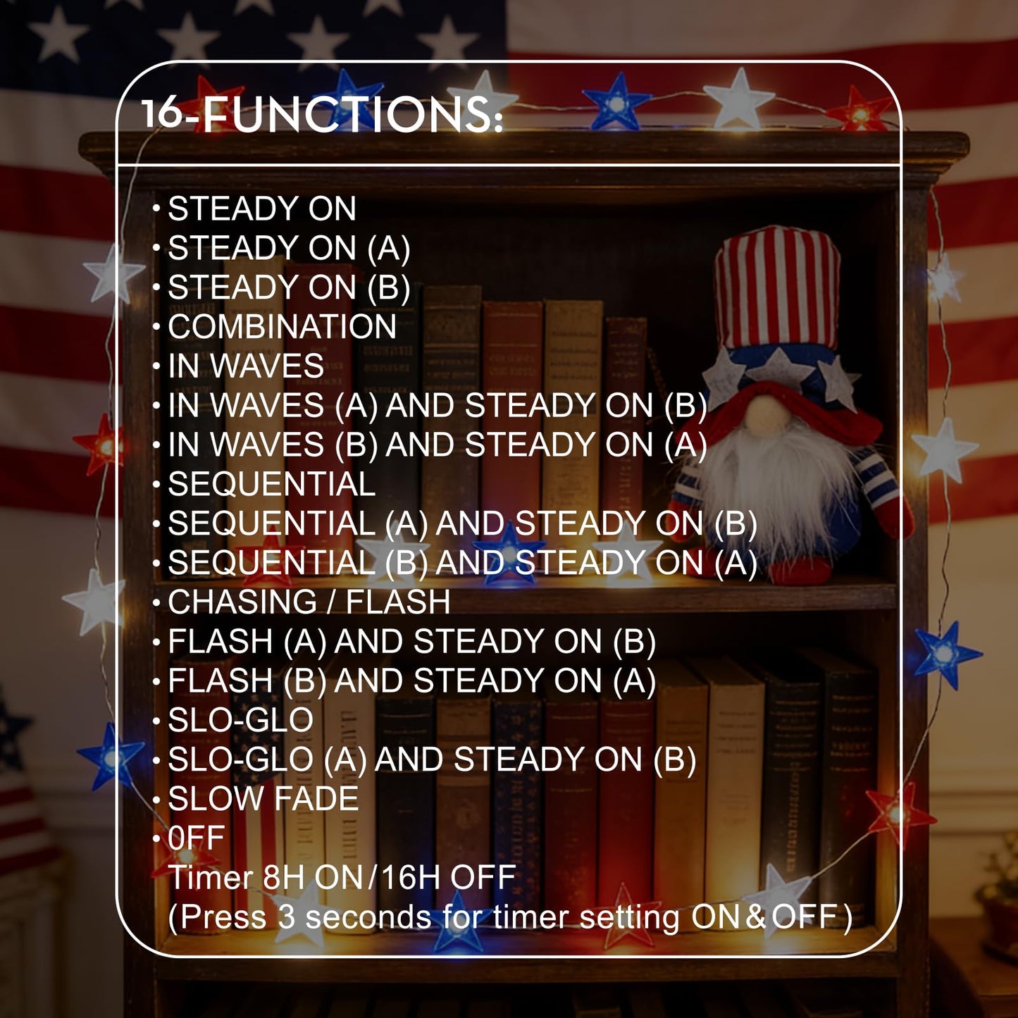 JUSTPRO 100 LED Patriotic Star Lights with Flexible Copper Wire, Plug-in Powered, 8 Lighting Modes for National Day Holiday Indoor Outdoor Decor
