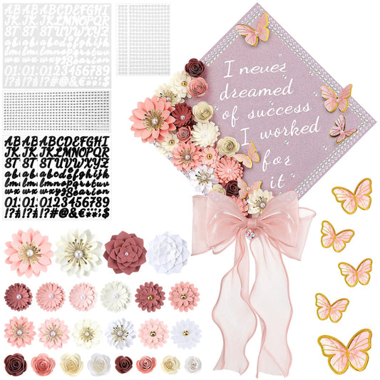 MotiMind 46 Pcs DIY Graduation Cap Decorations Kit Included Paper Flowers, 3D Butterfly Stickers, Rhinestone, Letter, Pearl Stickers, Mesh Ribbon Bow for DIY Grad Cap Decor(Pink)