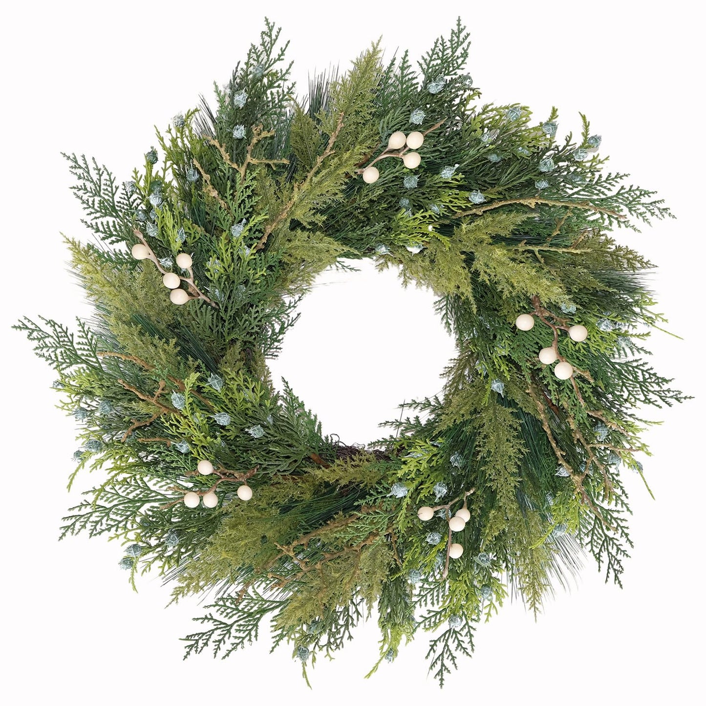 BINFEN 20” Green Faux Pine Christmas Winter Wreath with Cypress Cone, Twig & White Berry – Mixed with Real Look Fake Cedar & Spruce, Xmas Wreaths for Front Door Porch Mantel & Fireplace