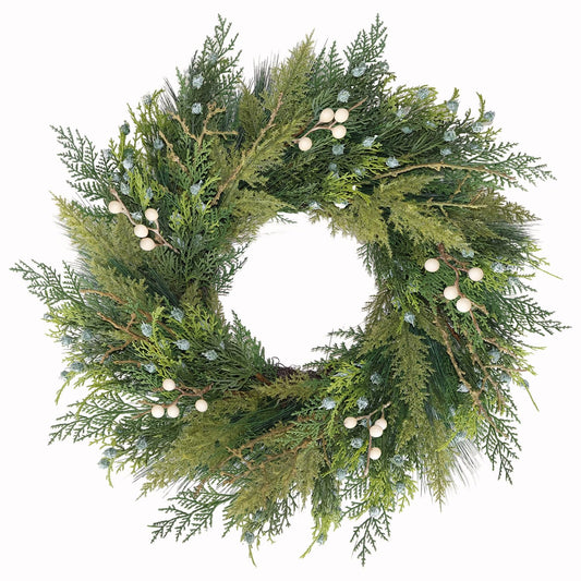 BINFEN 20” Green Faux Pine Christmas Winter Wreath with Cypress Cone, Twig & White Berry – Mixed with Real Look Fake Cedar & Spruce, Xmas Wreaths for Front Door Porch Mantel & Fireplace