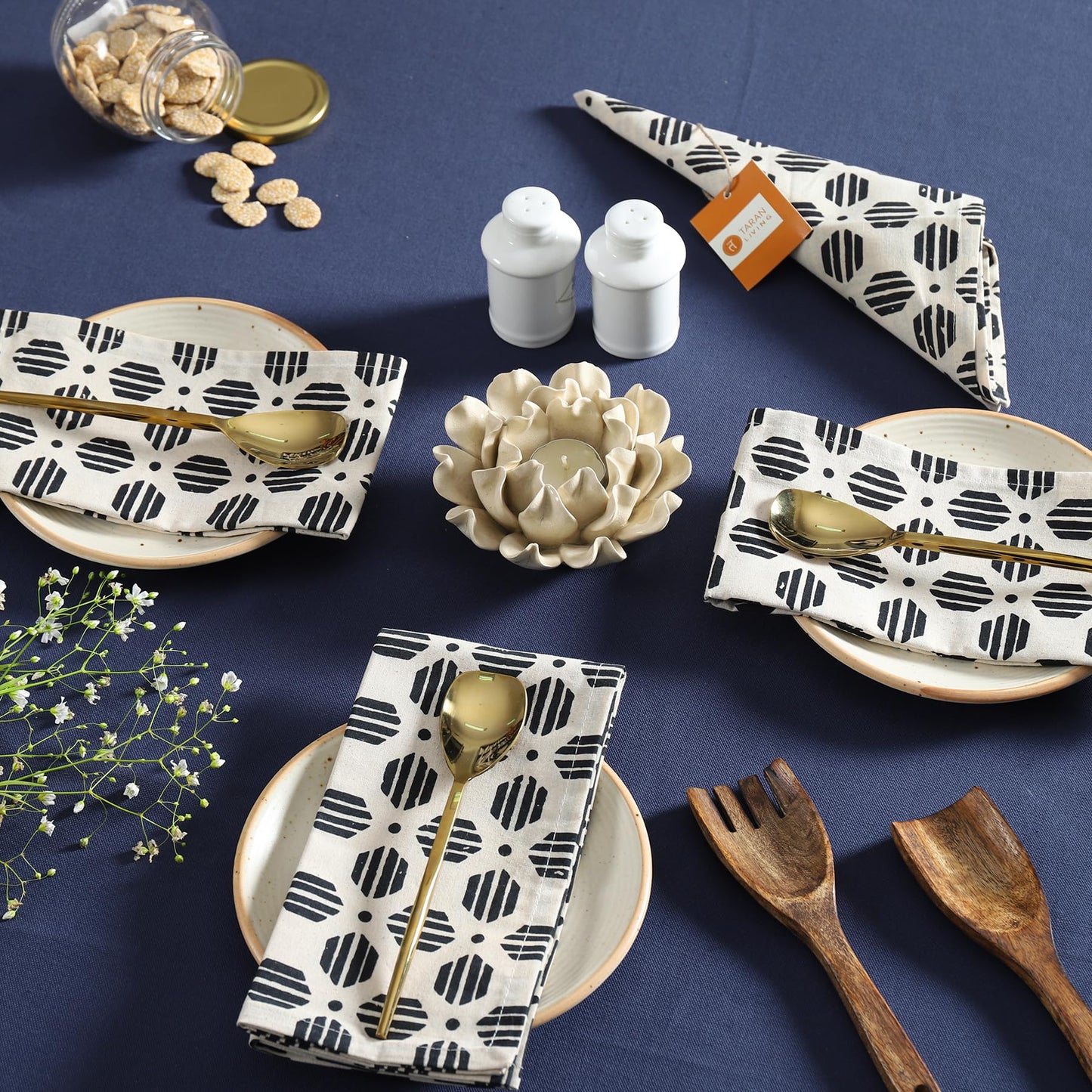 Taran Geometric Beige Print Cotton Dinner Napkins Set of 12 | 18x18 Inches | 100% Natural, Reusable Linens for Dinner, Events, Weddings