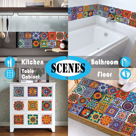 Tile Stickers Wall Decor Bathroom Kitchen Wall Sticker Waterproof PVC Decoration Stickers - 2D Sticker with Retro Design in Mosaic Style (Style-1, 4 x 4 Inch)