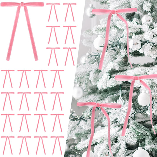 Lavwix 40Pcs Velvet Ribbon Bows, 5x7 Inch Pre-Tied Bows Christmas Ornaments for Xmas Tree, Garland, Wreath, Gift and Holiday Home Décor (5 x 7 Inch, Width of 3/8",Pink)