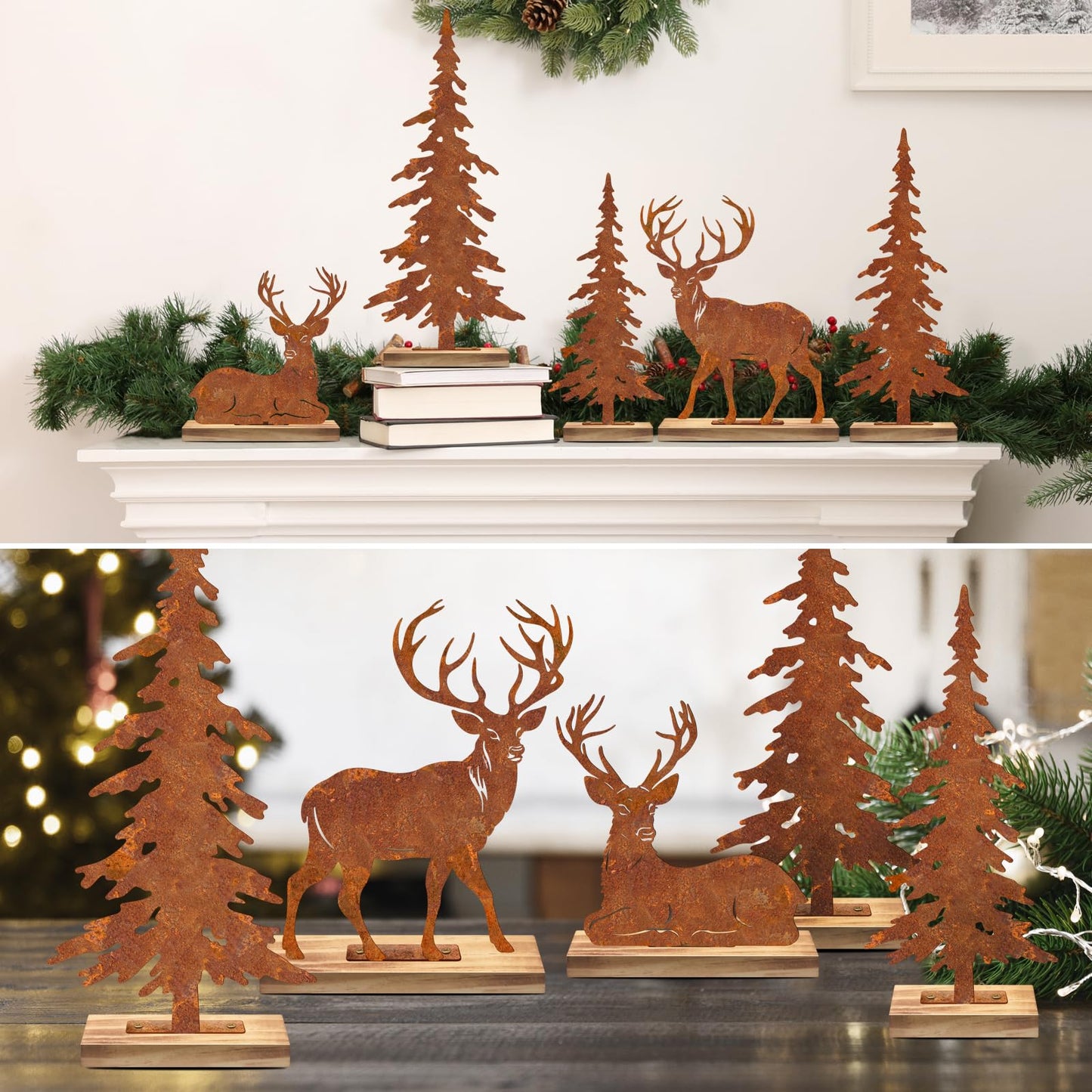 OULYDEKO Reindeer,Deer Christmas Mantel Decor,Primitive Rusti Farmhouse Cozy Christmas Decor,Reindeer Christmas Decor,Holiday Fireplace Table Decorations Metal Reindeer