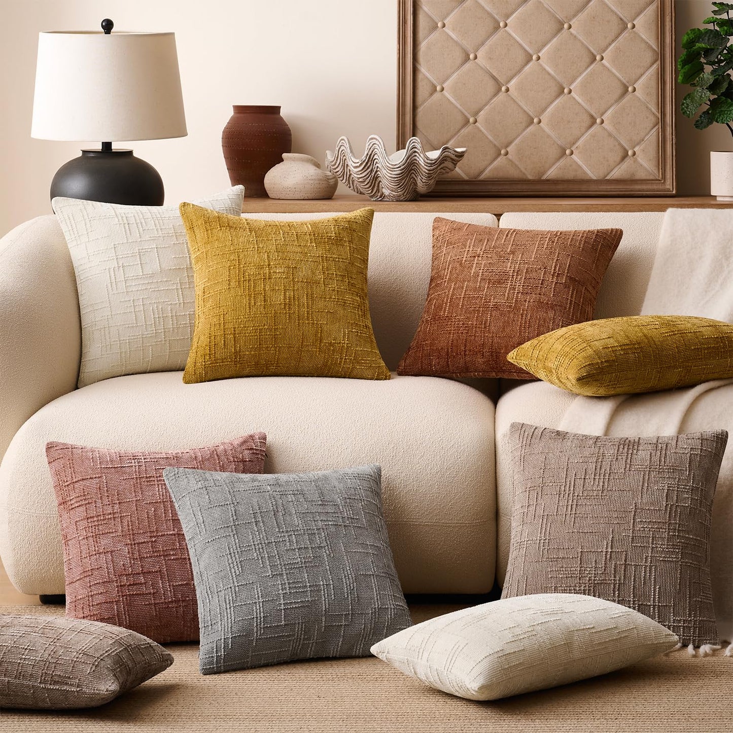 GriNeed Throw Pillow Covers Neutral Khaki Set of 2 18x18 Inch Pillow Covers, Soft Chenille Decorative Pillowcases for Couch Sofa Bed Living Room, Home Boho Decor, Modern Farmhouse Cushion Covers