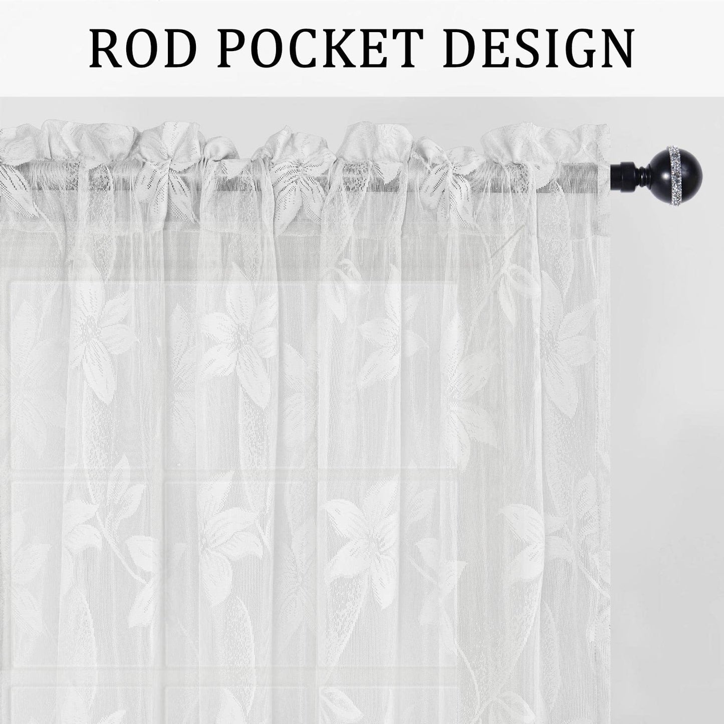 DWCN White Floral Lace Sheer Curtains - Rod Pocket Window Voile Sheer Drapes for Bedroom Kitchen Short Curtains 52 x 45 inch Length, Set of 2 Curtain Panels