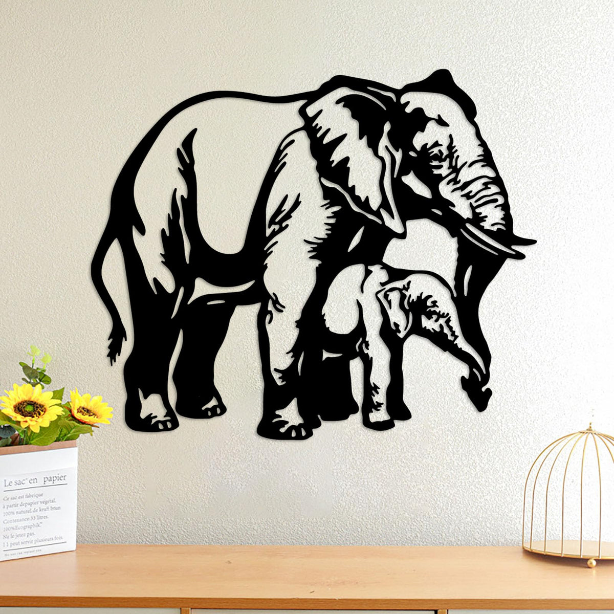 DUOOLN Metal Elephant Wall Decor Art, African Safari Mother-and-Calf Elephant Mural, Modern Animal-Themed Sculpture Painting, for Living Room, Bedroom, Office, Indoor/Outdoor Decor or Gifts-13.7*11.4in