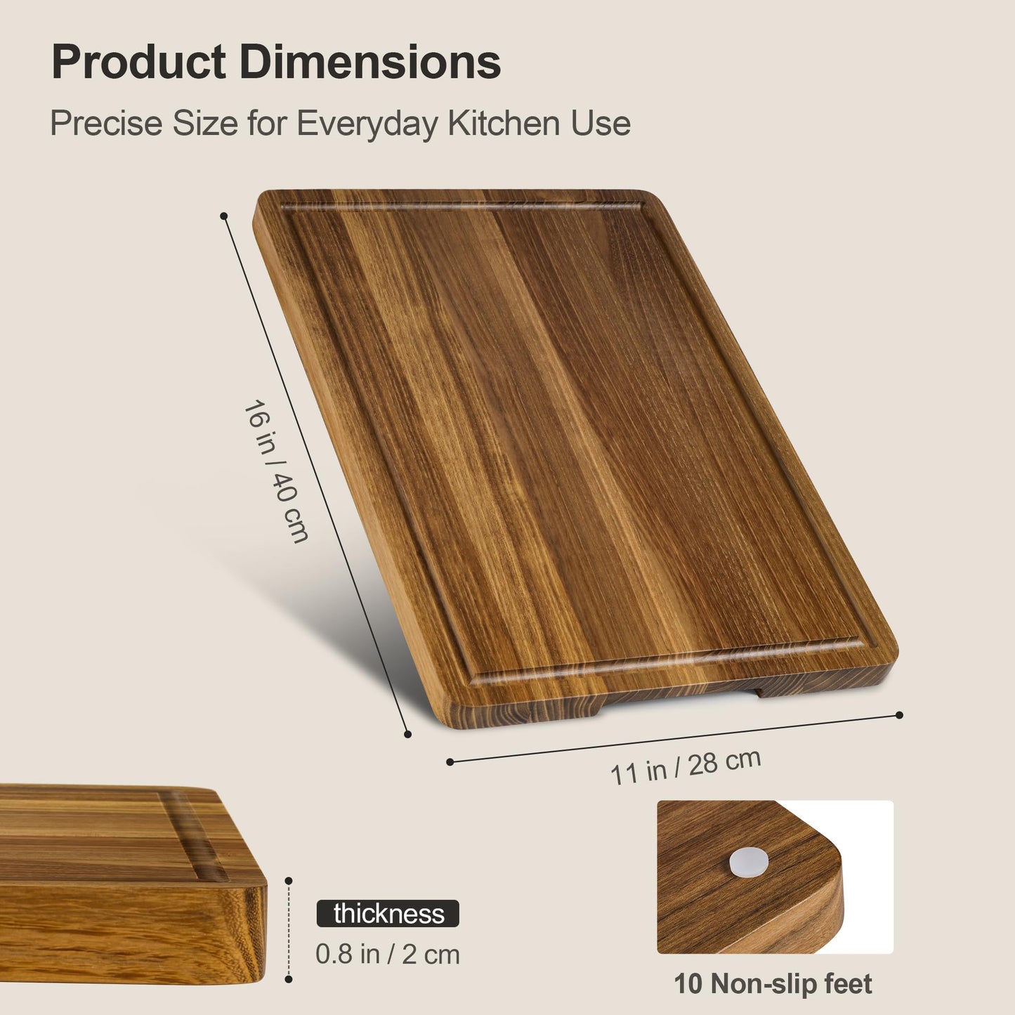 Teak Wood Cutting Board for Kitchen, Wooden Cutting Board with Juice Groove and Handles, Chopping Board Butcher Block for Meat, Vegetables, Bread and Cheese, 15.8 x 11 x 0.8 inch