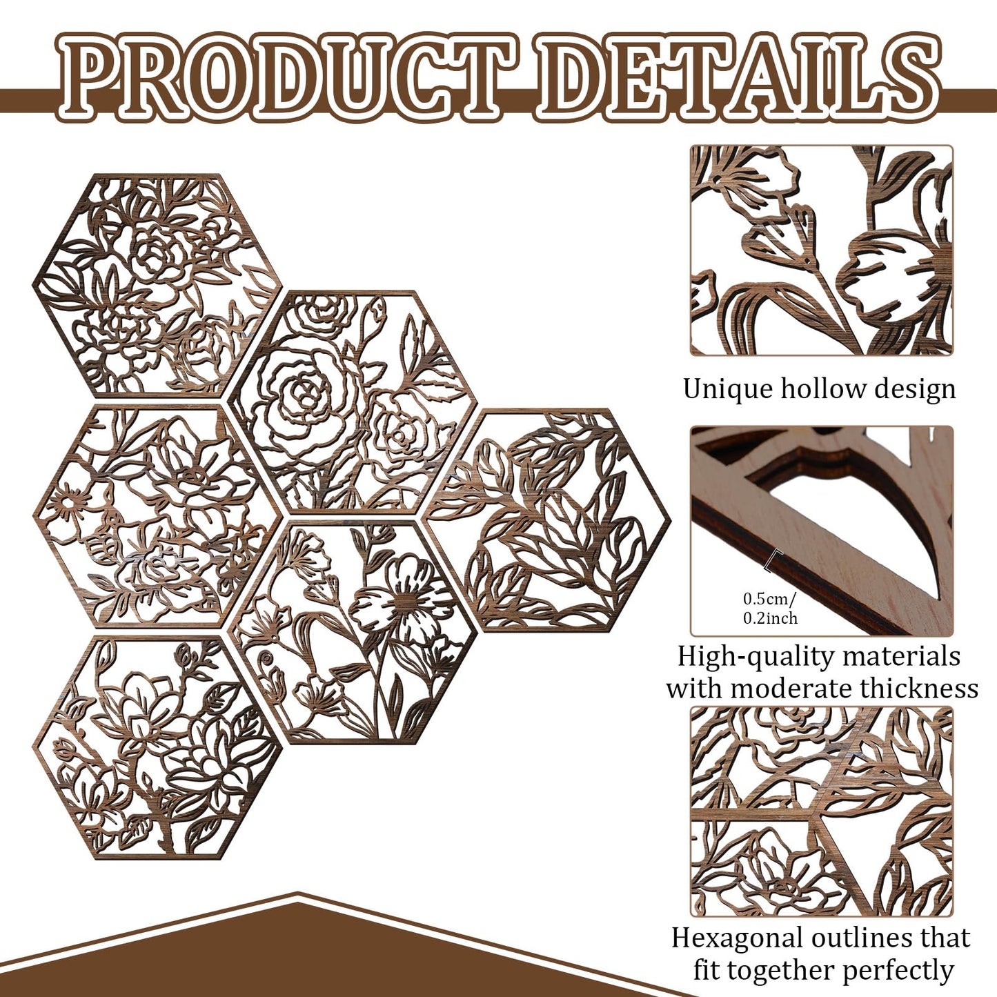 BreezeHug 6 Pcs Flowers Wooden Wall Art Decor Hexagon Hollowing out Boho Flower Sculpture Sign Ornament Modern Wooden Wall Art Decoration Hanging Set for Living Room Bedroom Farmhouse (11"x 10")