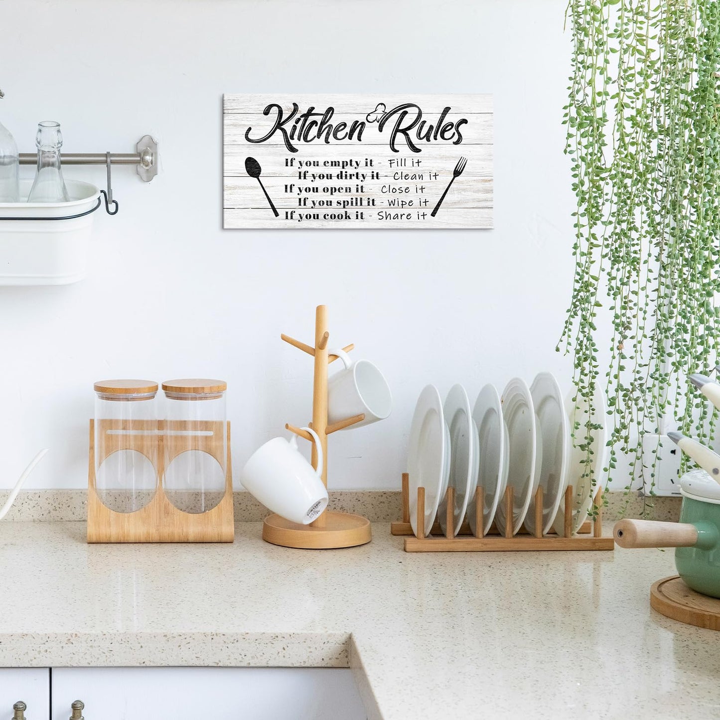 Pinetree Art Kitchen Rules Wall Decor Funny Inspirational Quote Canvas Print Art Modern Rustic Farmhouse Kitchen Decorative (8X16 Inch, W)
