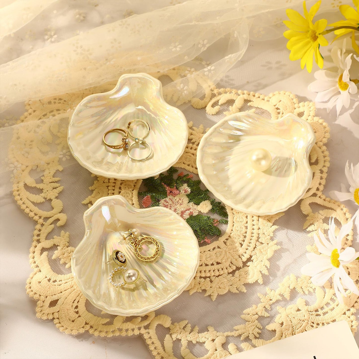 Teenyyou 8 Pcs Shell Ring Dish Ceramic Jewelry Trinket Dish Tray Seashell Ring Key Holder Bowl Beach Room Coastal Plate Decor for Home Bathroom Counter(White)