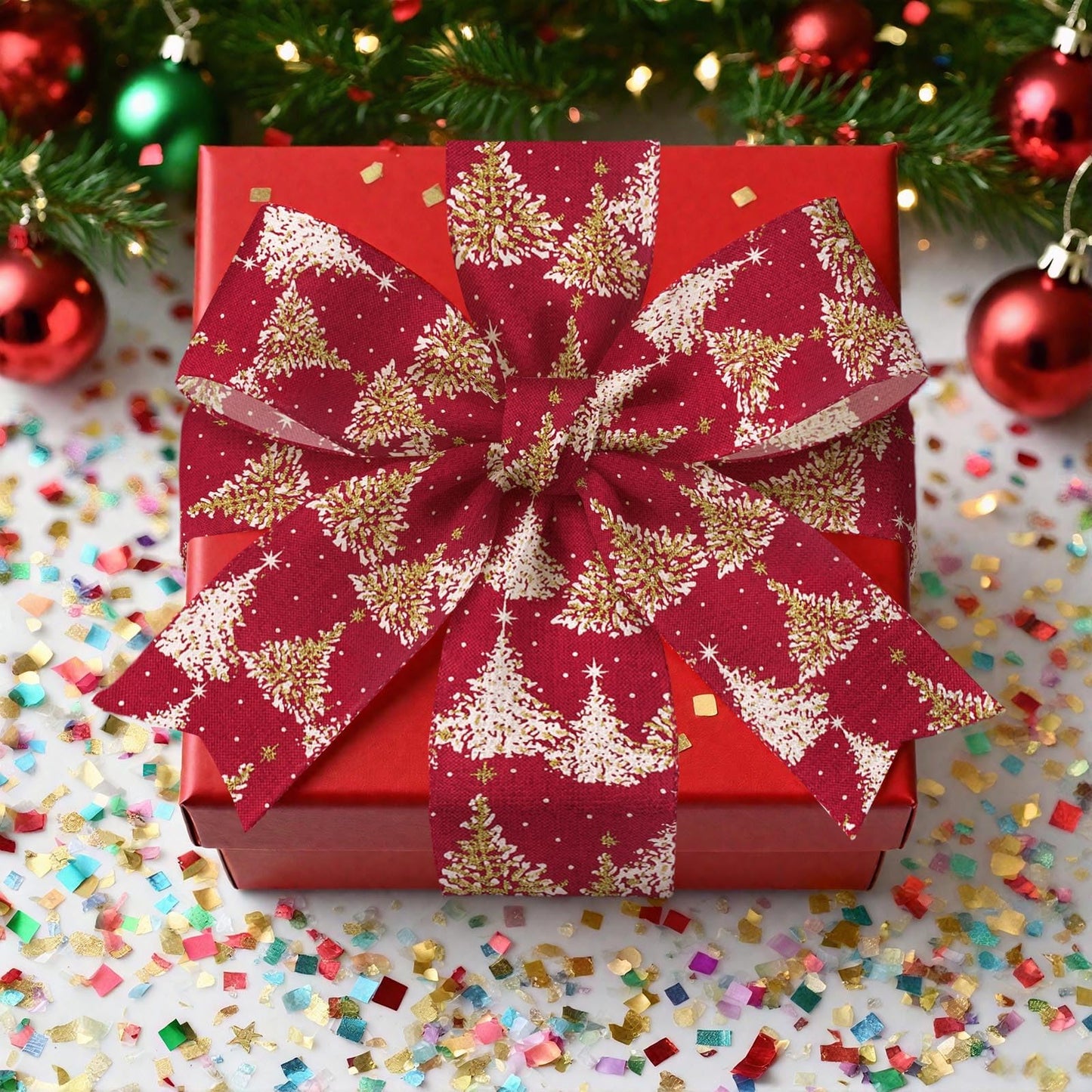 Threetols 2 Rolls 10 Yards Christmas Wired Edge Ribbons, 2.5inch Red Brown Ribbons, Glitter Christmas Tree Snowflake Ribbon for Winter Xmas Party DIY Craft Wreath Bow Decor