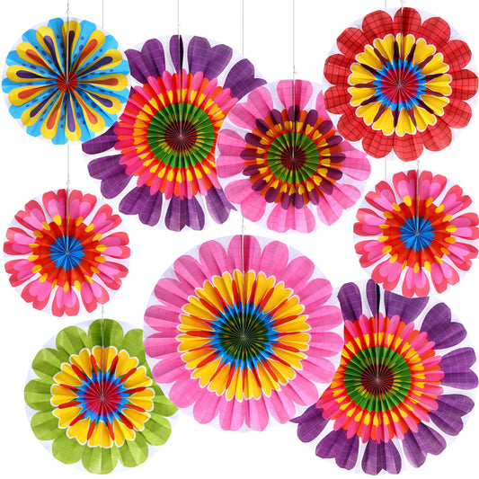 Outus Flower Hanging Decorations Spring Paper Fans Classroom Ceiling Wall Decor Colorful Bloom Paper Fan for Wedding Birthday Birthday Party Supplies(9 Pcs,Spring Flower)