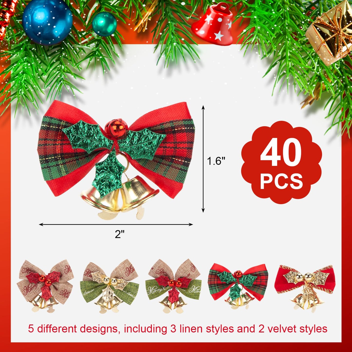 MCPINKY 40PCS Christmas Tree Bows with Bells, Xmas Garland Wreath Bows Ornaments Mini Small Linen Bowknot for Christmas Tree Decor Gift Packaging Decorations