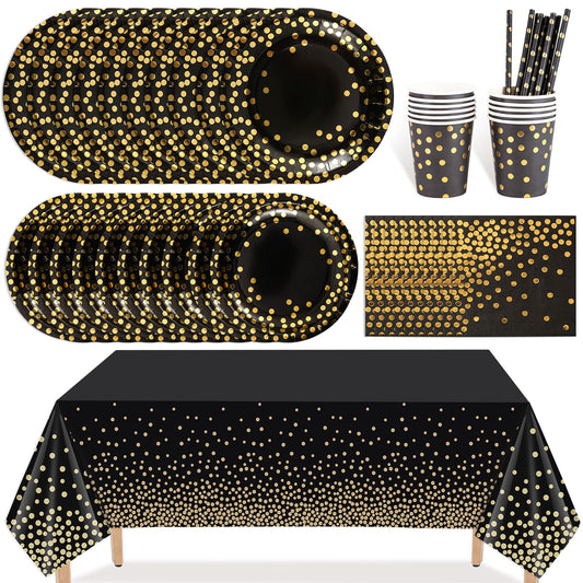 PHOGARY 61 Pcs Black Gold Disposable Tableware Set, Paper Plates and Napkins Party Supplies Dinnerware Golden Dot Black Plates Cups Straws Napkins Plastic Tablecloths for Birthday Party Decorations