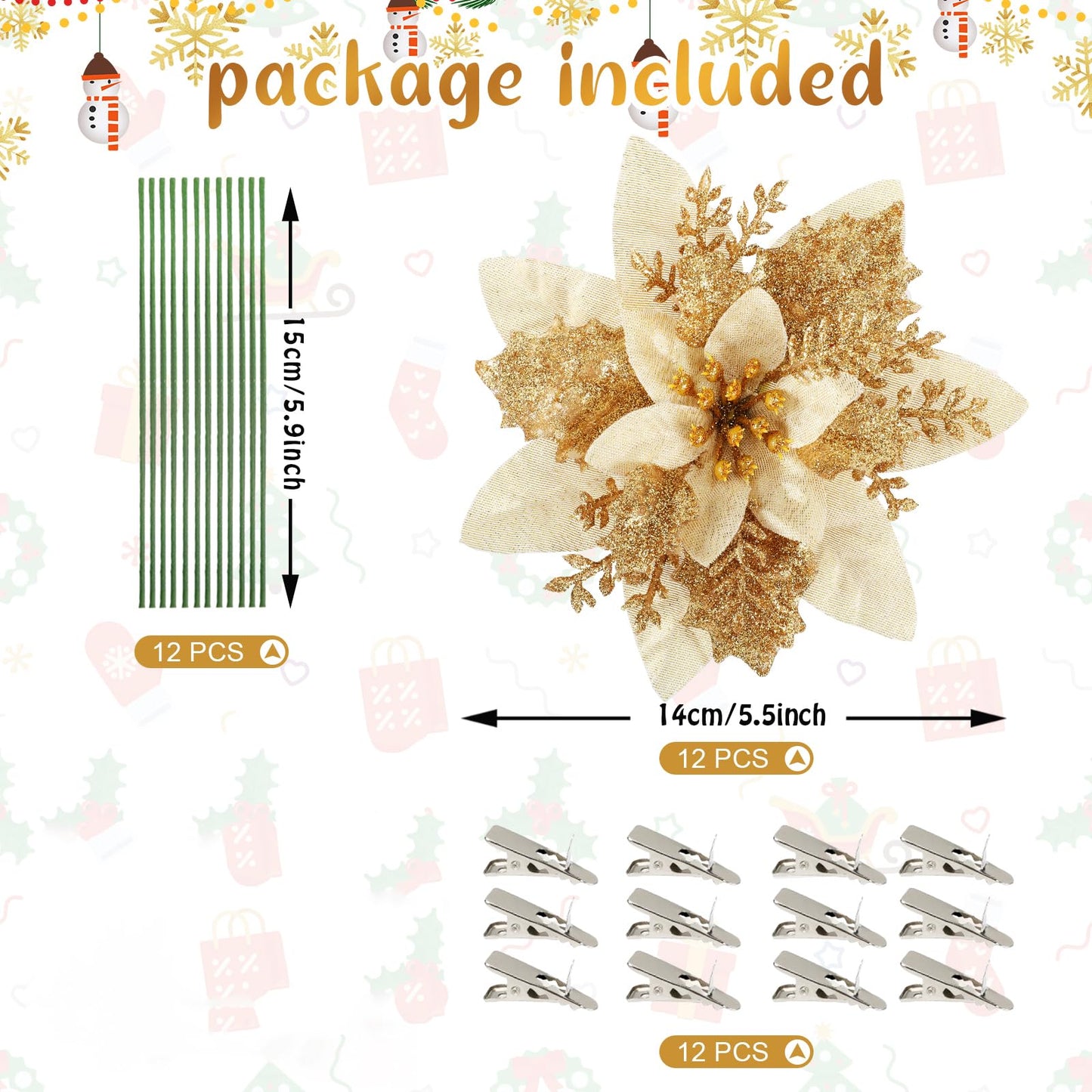 Poinsettia Christmas Decorations Flowers - 12Pcs Artificial Red Gold Poinsettia Christmas Tree Ornaments Glittery for Xmas New Year Wedding Party Wreath DIY Garland Decor (Gold)