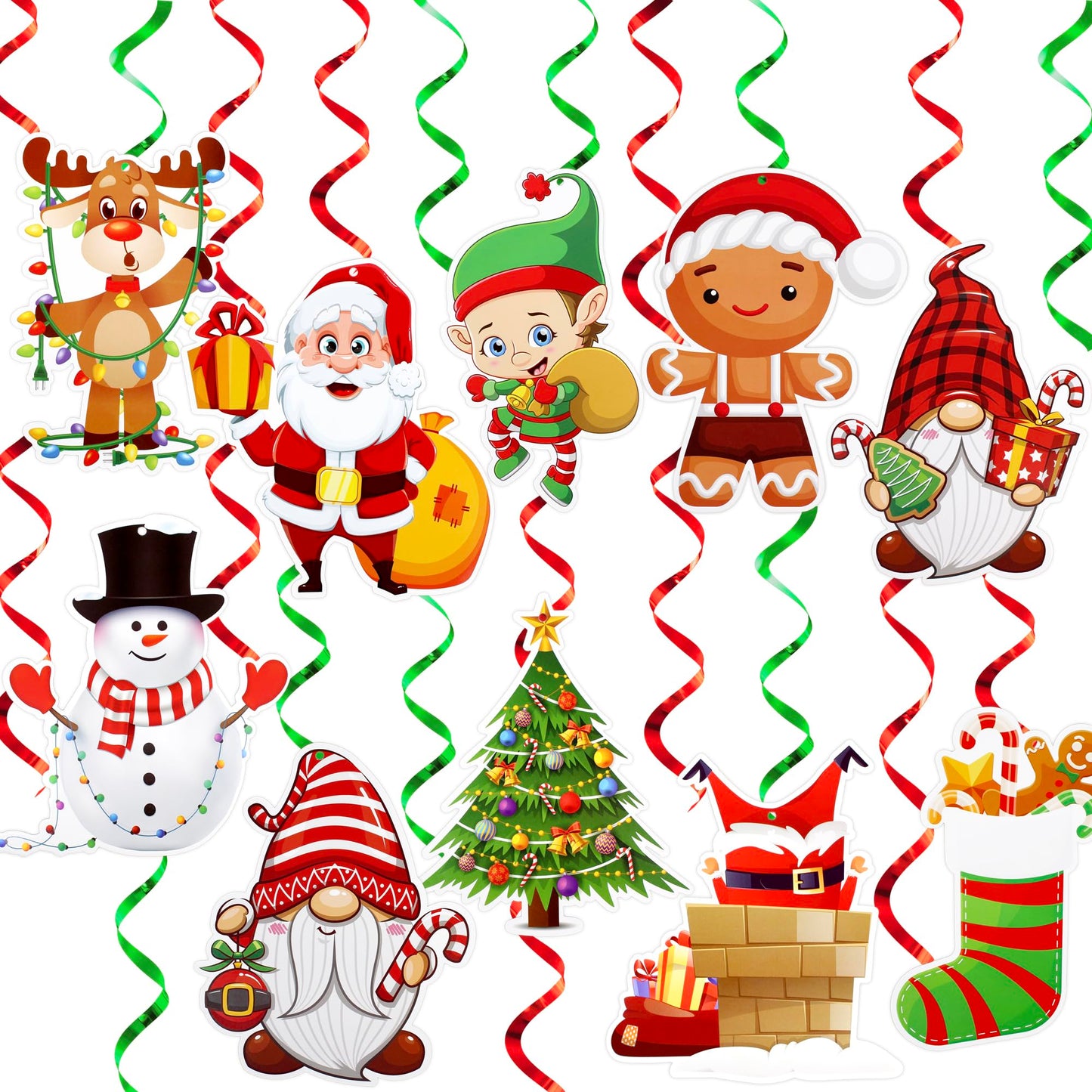 Hanging Christmas Decorations with Foil Swirls | 30 Pcs Holiday Set | Xmas Santa, Snowman, Gingerbread, Reindeer, Gnomes Christmas Designs | Home, Office, School Christmas Party Decorations | BASHOUT