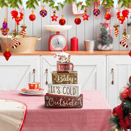 Moucuny 4 Pcs Christmas Table Decor Wooden Hot Cocoa Decoration Christmas Centerpiece Winter Tiered Tray Decor Decorative Red Hot Cocoa Block Signs Gift Farmhouse Xmas Decoration for Home Kitchen