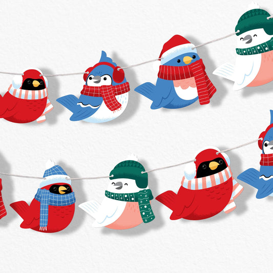 Big Dot of Happiness Winter Birds Garland Banner, Winter Holiday Party Decorations Backdrop, 30 Feet of Cord, 15 Paper Christmas Bird Shapes Double-Sided