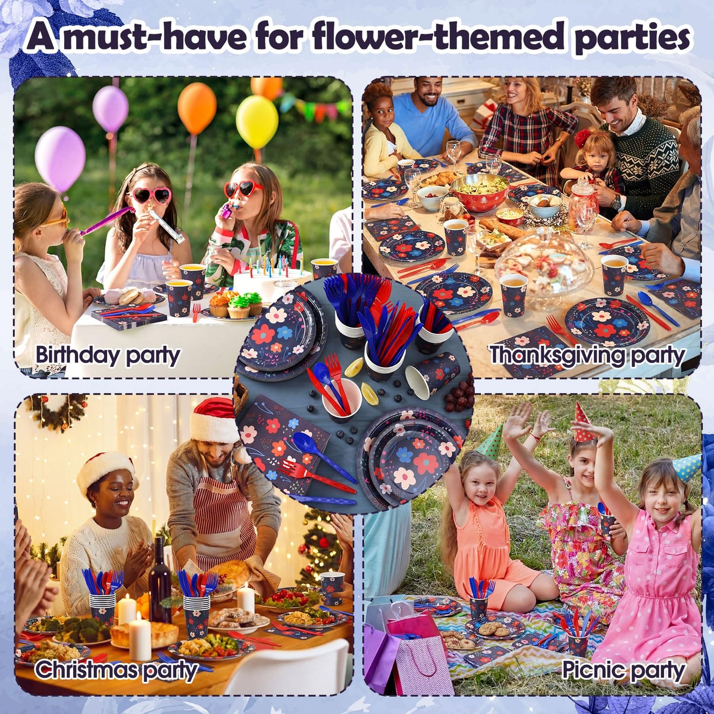 Blushtier 192 Pcs Flowers Paper Plates and Napkins Tableware Set Serves 24 Guests, Black Floral Birthday Party Supplies Disposable Plates Napkins Cups Plastic Knives Fork Spoons Party Decorations