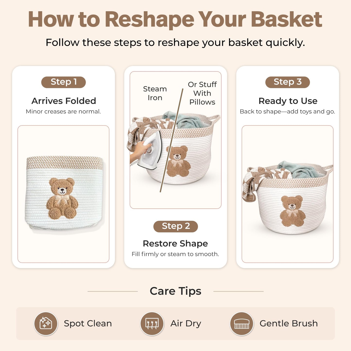 Teddy Bear Storage Basket for Nursery – Large 15"x11" Cotton Rope Bin with Soft Embroidered Bear Patch – Gender Neutral Toy Organizer, Baby Laundry Hamper, Blanket & Diaper Holder