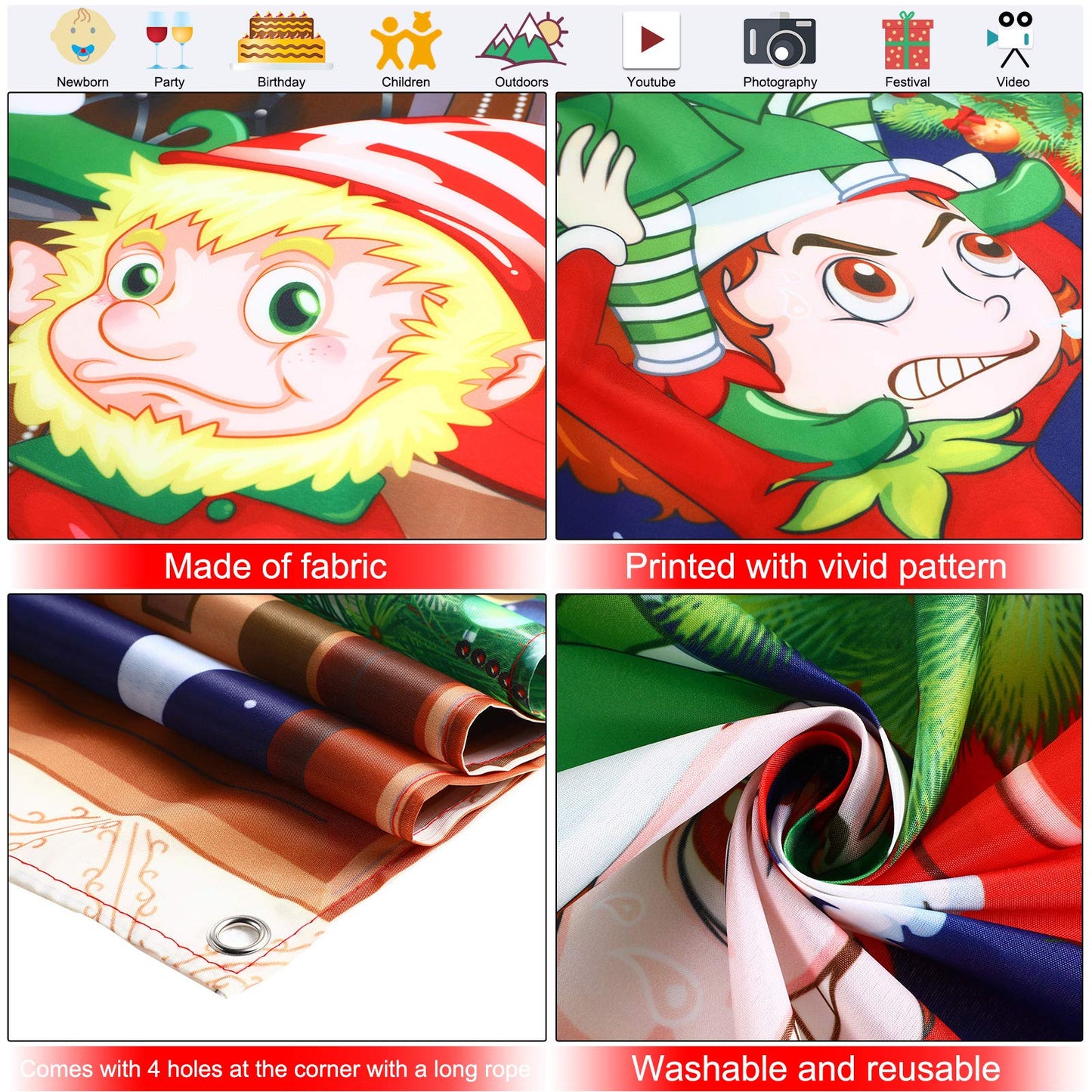 Funny Elves Fabric Door Backdrop - Santa Christmas Photo Booth Backdrop Banner and Door Cover - 70.9 x 35.4 Inch