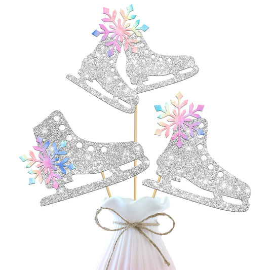 Ice Skating Centerpiece Sticks Snowflake Ice Sports Theme Party Decorations 12PCS Glitter Silver Ice Skate Baby Shower Table Topper Decorations for Skating Birthday Party Supplies