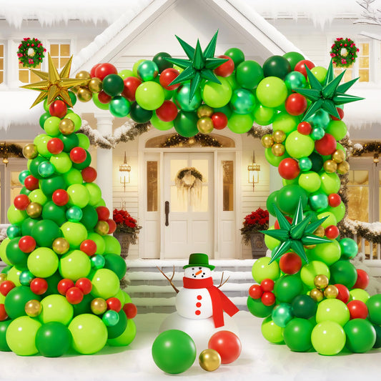 AobkDeco 284PCS Christmas Balloon Garland Arch Kit With lime Green Dark green Red Balloons Exploding Star Balloons for Christmas Party Decorations Supplies