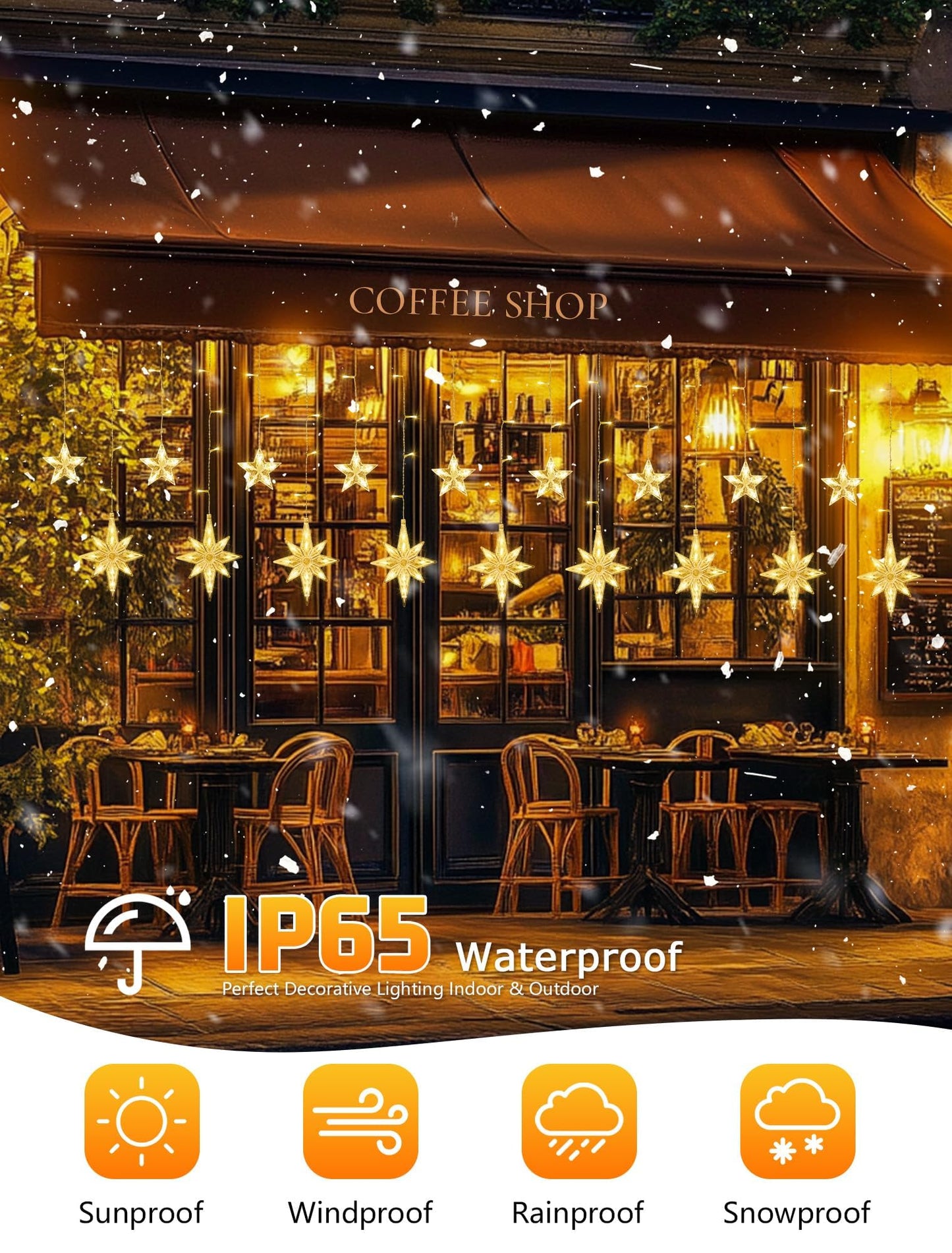 BEEWIN 126 LED Star Icicle Lights,7.8ft Connectable Window Curtain Lights Plug in,8 Lighting Modes Timer Bethlehem Star Christmas Light for Indoor Outdoor,Bedroom,Wedding,Ramadan Decor,Warm White
