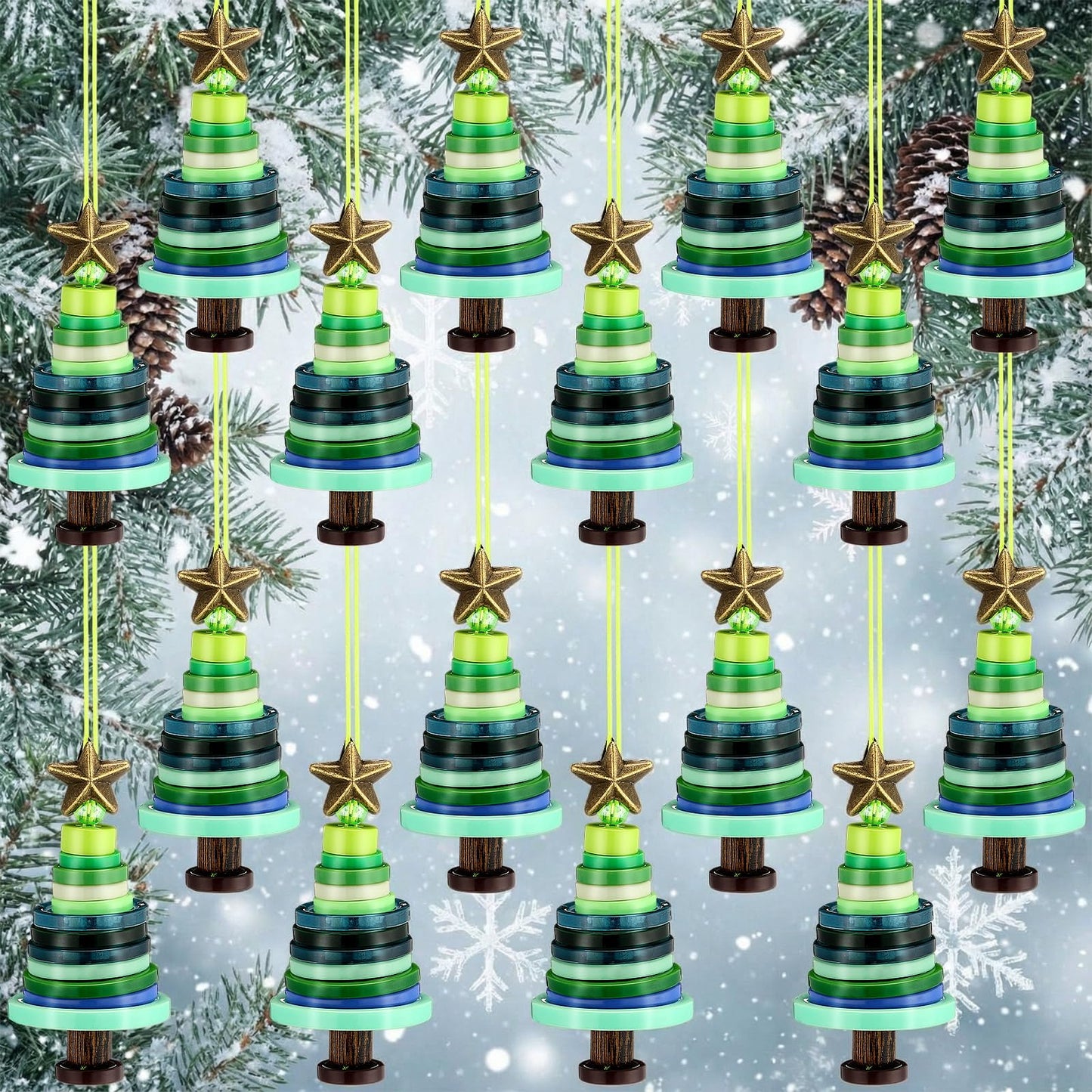 Soulchen 16 Sets Button Winter Ornament Kit Button Christmas Tree Craft DIY Green Hanging Ornament Kit for Home Winter Holiday Party Decoren