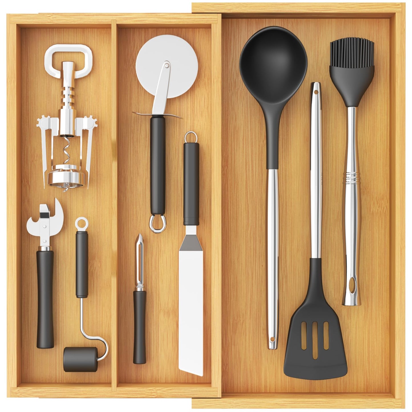 Lifewit Utensil Organizer for Kitchen Drawer, Expandable Cooking Utensil Tray, Cutlery Silverware Flatware Holder, Wood Adjustable Spatula Tools Storage Divider, 8.9-15.8 x 15.75, Natural