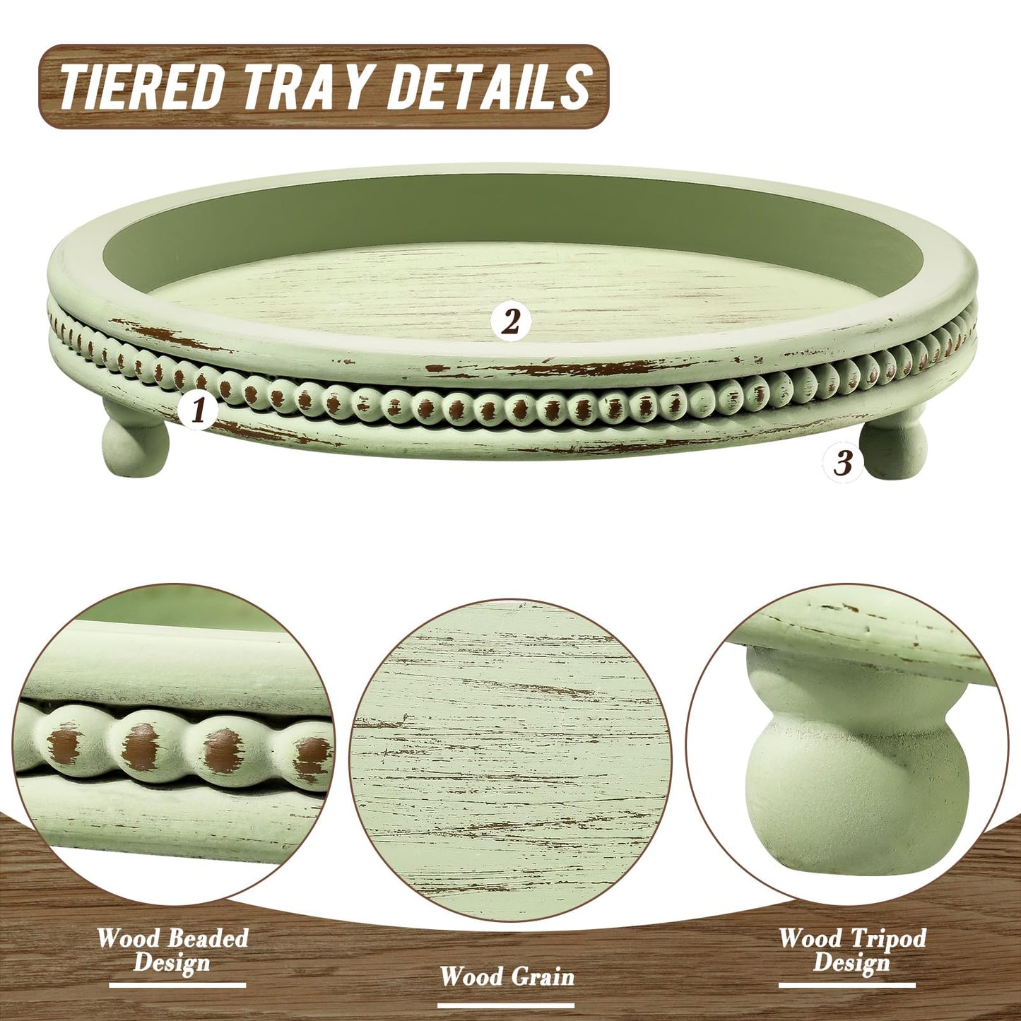 KULEDM Handmade Wooden Decorative Tray, Small Beaded Coffee Table Tray Decor, Sage Round Serving Tray for Coffee Table, Dining Room Table Entryway and Living Room Table