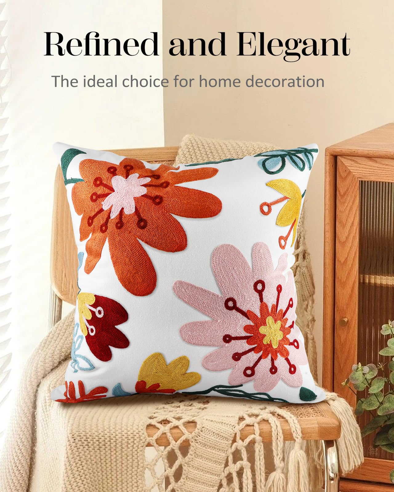 Kokaaee Embroidered Throw Pillow Cover - 18x18 Decorative Pillow Cover with Zipper Aesthetic Cute Design Boho Spring Summer Cozy Throw Pillowcase for Living Room Couch Sofa Bed, Artistic Flowers