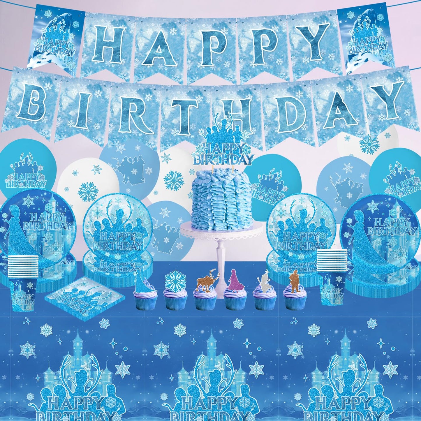 tetcuican 104Pcs Frozen Birthday Party Decorations, Snow Theme Party Supplies Set Include Banner, Balloons, Tablecloth, Cake Toppers, Cupcake Toppers, Plates, Napkins for Winter Birthday Decorations