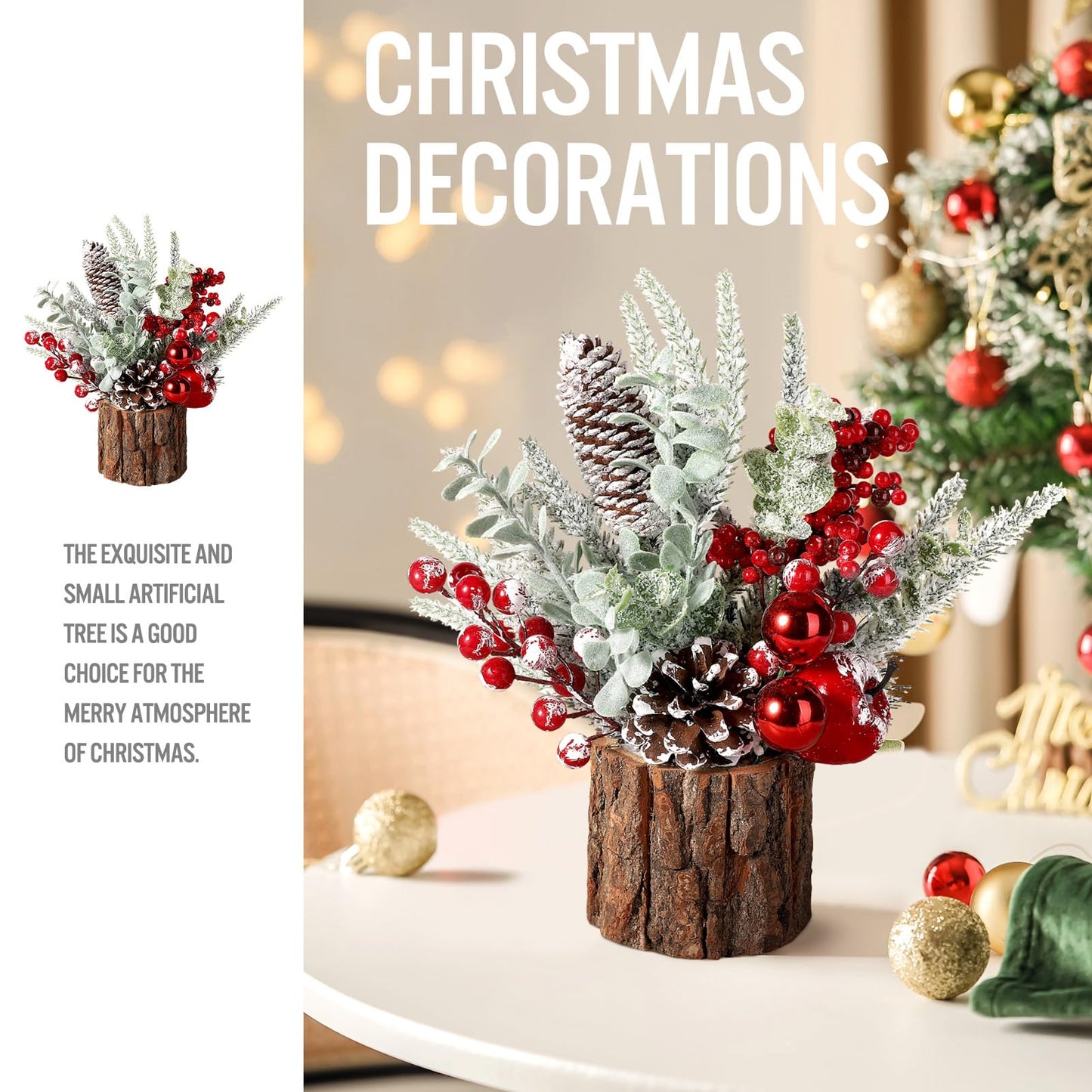 hatisan Small Christmas Tree, Artificial Christmas Tree with Christmas Ornaments Pine Cone Berry, Tabletop Christmas Tree for Christmas Decorations Home Room Party Winter Indoor Outdoor((Red-Round)