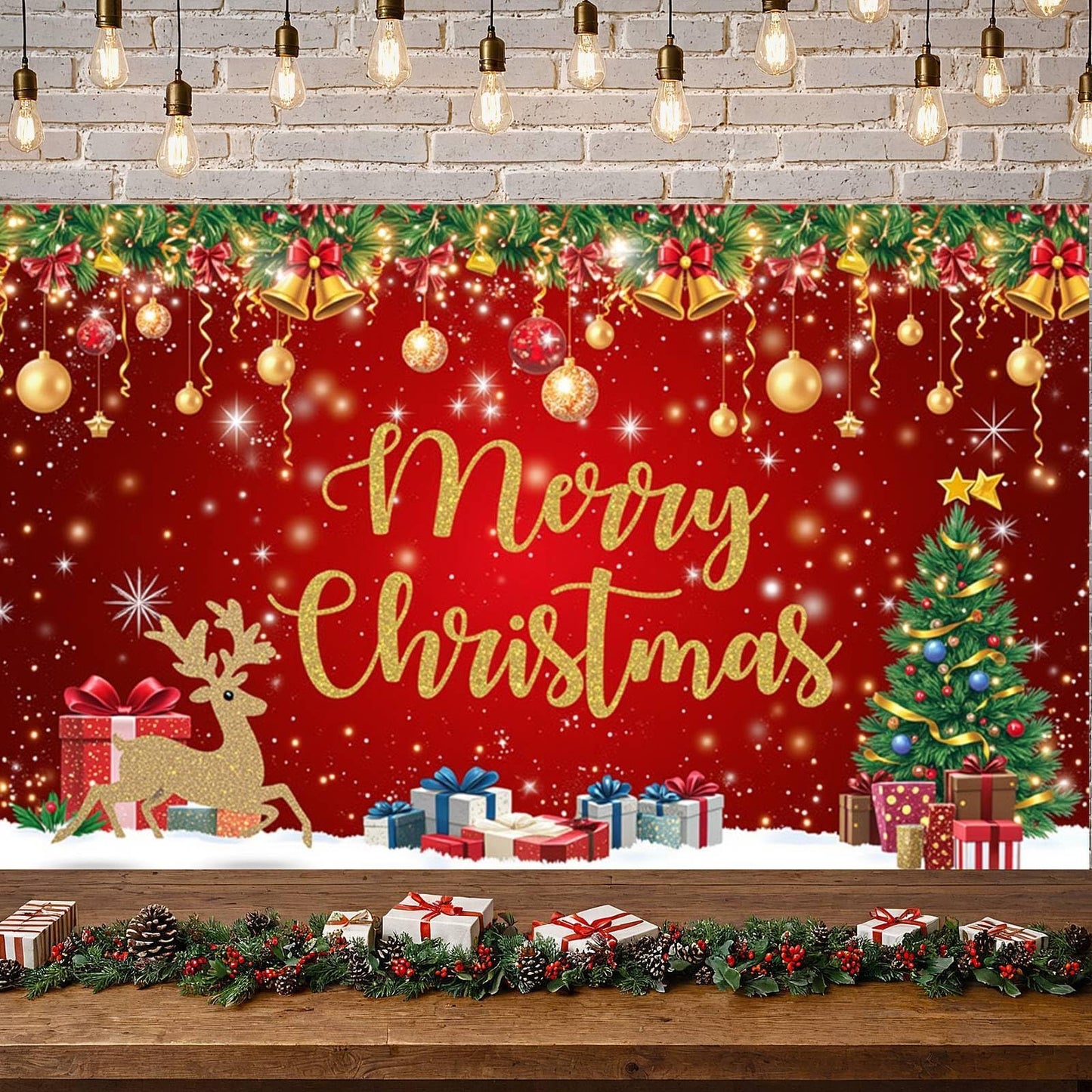 Red Gold Merry Christmas Banner Festive Party Backdrop Xmas Decorations for Home Office Christmas Eve Holiday Celebration