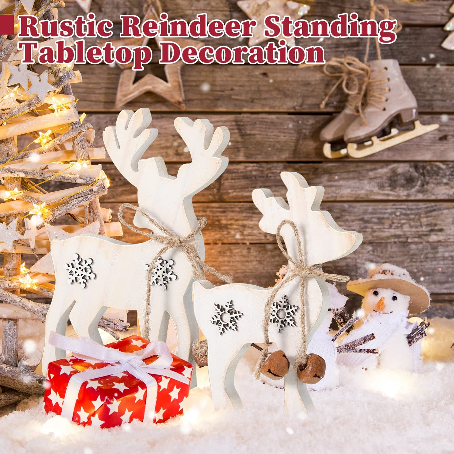 Sanwuta 2 Pieces Reindeer Christmas Decor Christmas Deer Desk Decor Indoor Rustic Reindeer Standing Tabletop Decoration Wooden Deer Table Decoration for Home Lawn Garden(Yellow Bell)