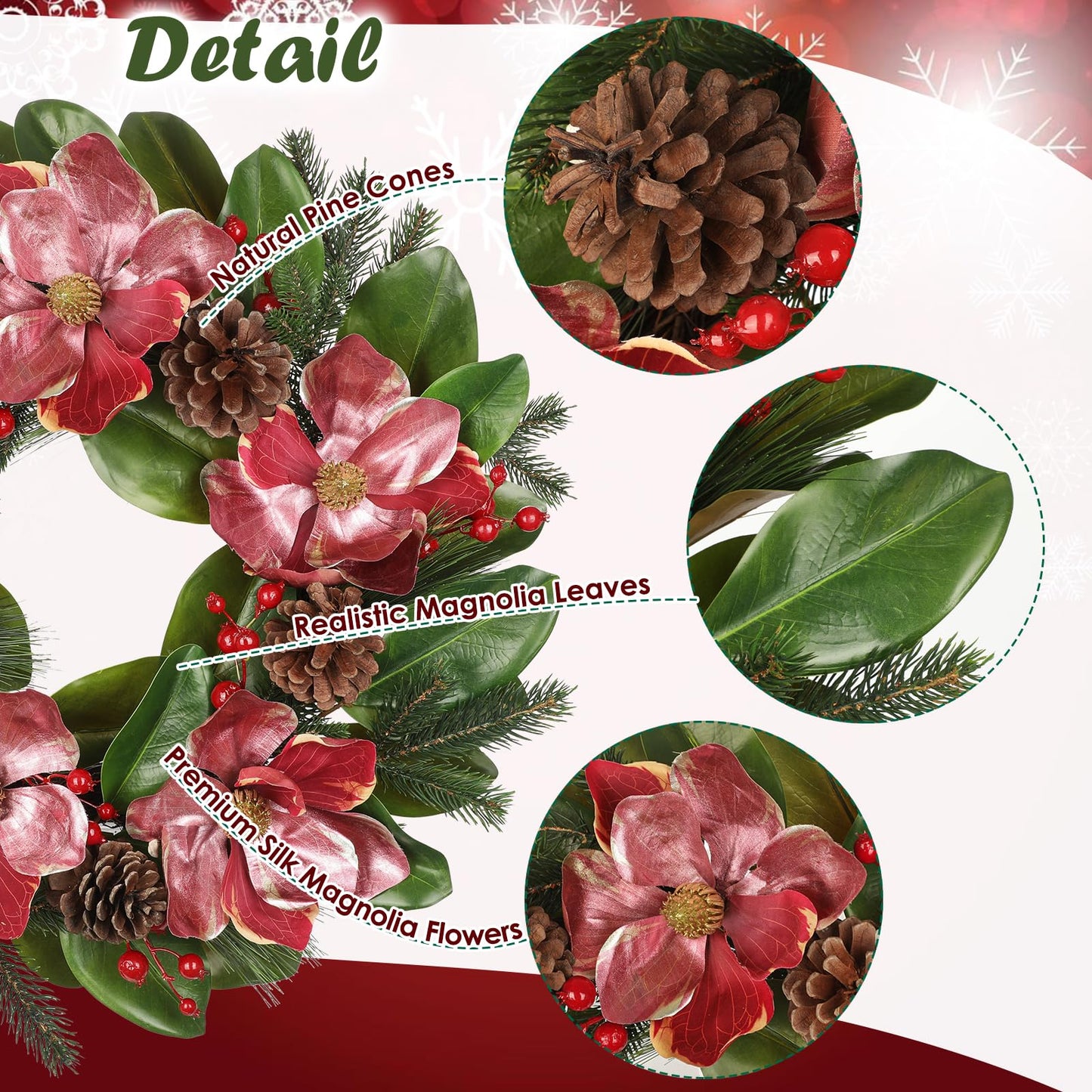 Briful 24in Christmas Magnolia Flower Wreath for Front Door Artificial Red Magnolia Floral Wreath with Pine Cones Berries Outdoor Christmas Wreath for Xmas Home Room Wall Window Mantle Decor