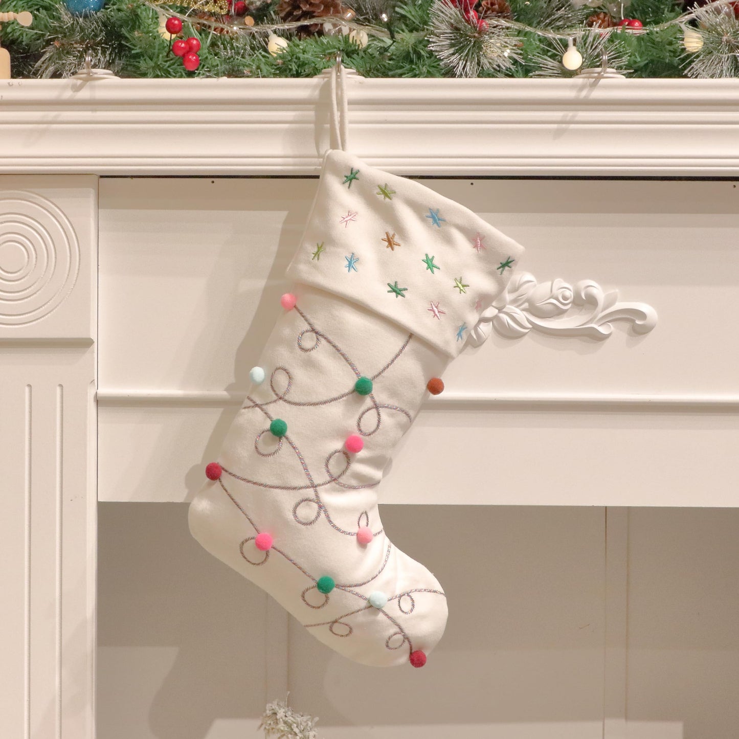 Hopearl Pom Pom Christmas Stocking Boho Style Socks Ultra Soft Stockings Ornament Luxury Gift Bags for Family Xmas Tree Party Supplies, Cream, 18''
