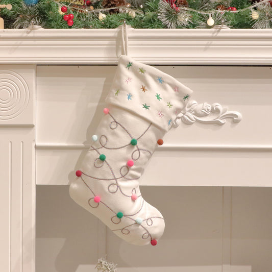Hopearl Pom Pom Christmas Stocking Boho Style Socks Ultra Soft Stockings Ornament Luxury Gift Bags for Family Xmas Tree Party Supplies, Cream, 18''