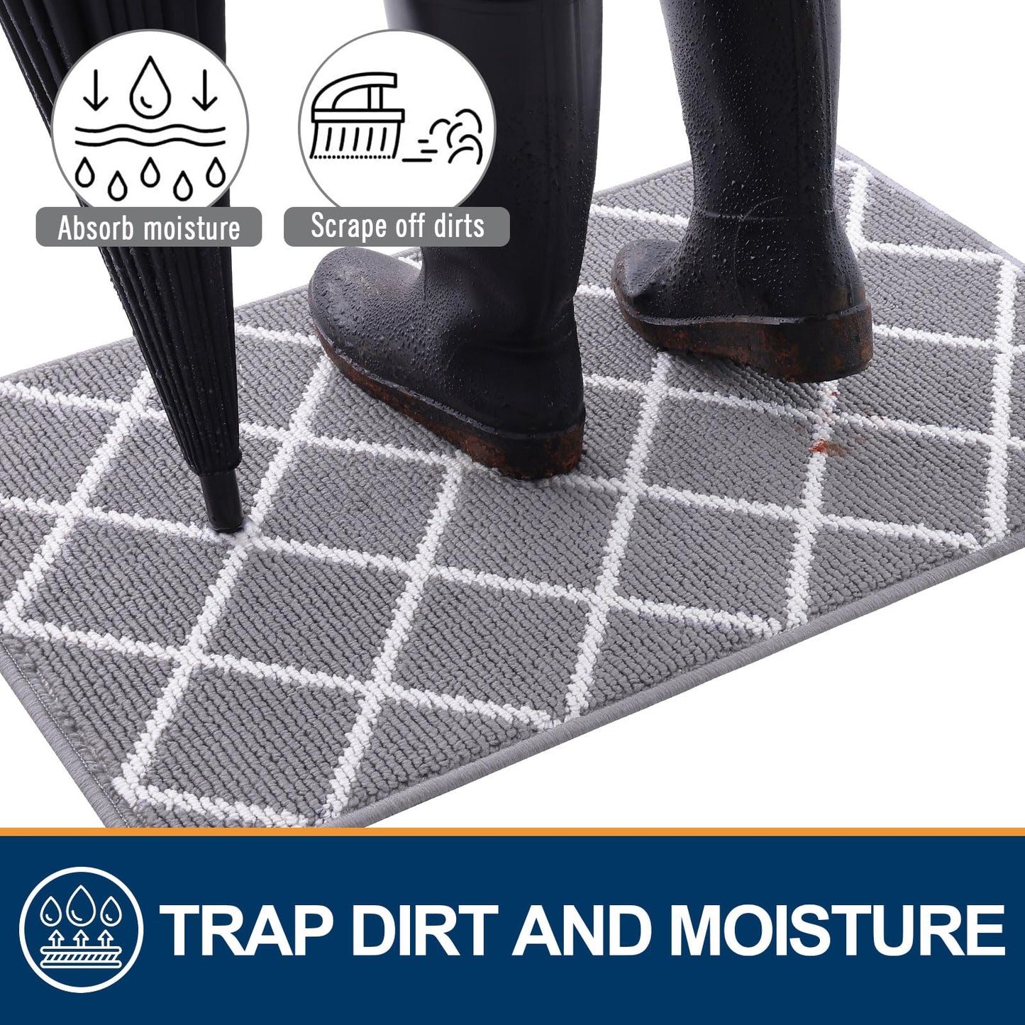 Finchitty Indoor Door Mat, Dirt Resistant and Absorbent, Low-Profile, Non-Slip, Washable Inside Floor Mats for Front Door, Back, and Entrance, 32" x 20", Grey