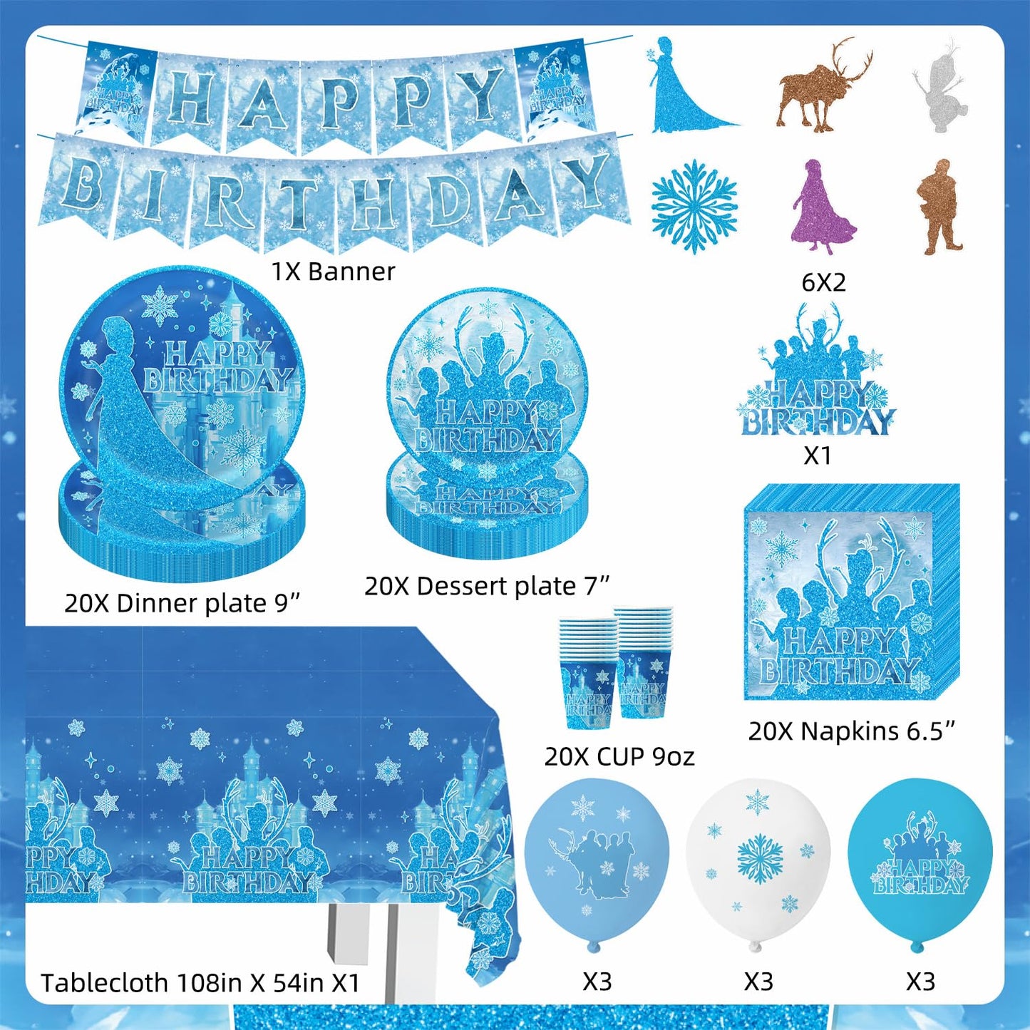 tetcuican 104Pcs Frozen Birthday Party Decorations, Snow Theme Party Supplies Set Include Banner, Balloons, Tablecloth, Cake Toppers, Cupcake Toppers, Plates, Napkins for Winter Birthday Decorations