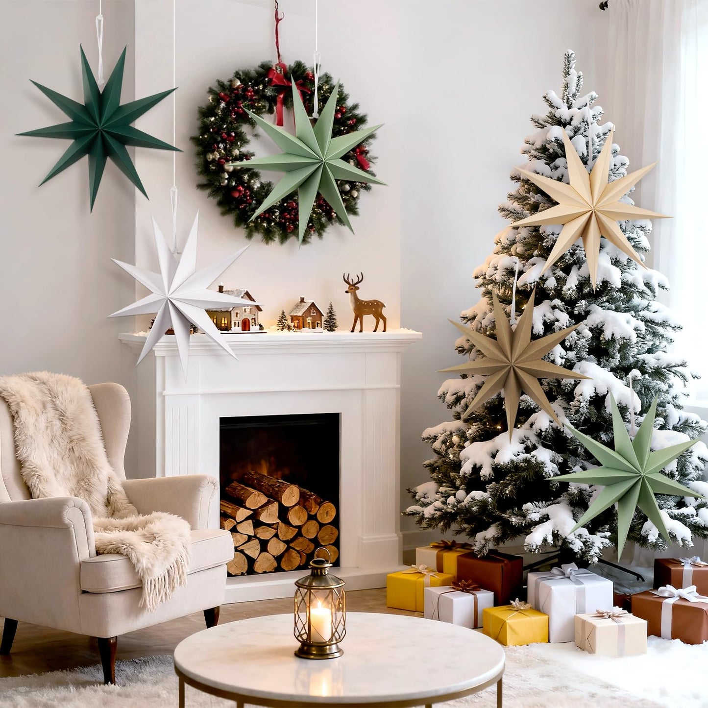 SUNBEAUTY Sage Green 9-Pointed 12 Inch Paper Star Lanterns Christmas Hanging Lamp Paper Decorations Shade Wedding Birthday Christmas Home Party Decorations
