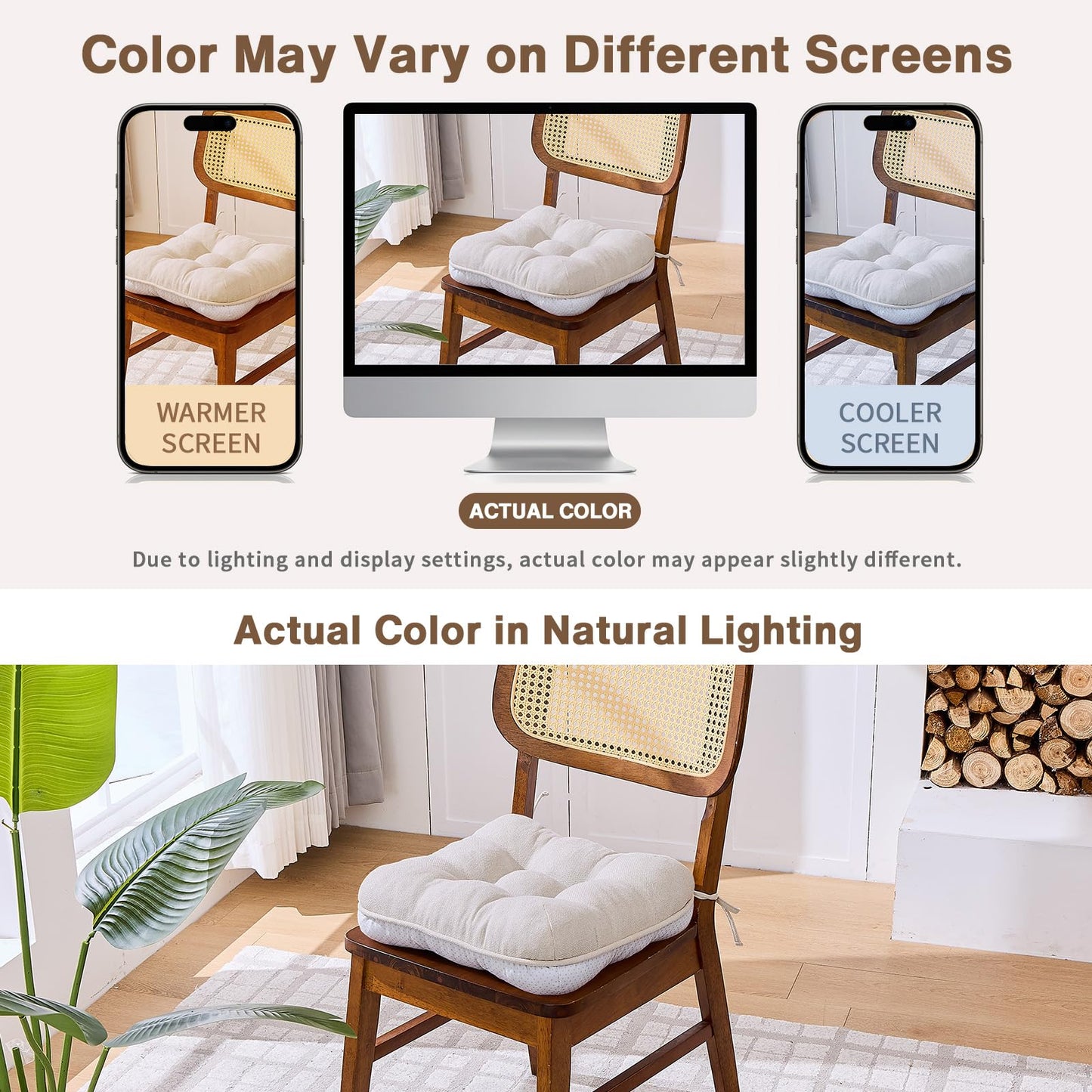 BETU Chair Cushions for Dining Chairs Set of 4,3.5" Thick Kitchen Table Chair Pads with Ties,Non Slip Backing and Covers, Seat Cushion for Dining Room,Bar,Patio Chairs,15.5"X15.5"X3.5",Beige