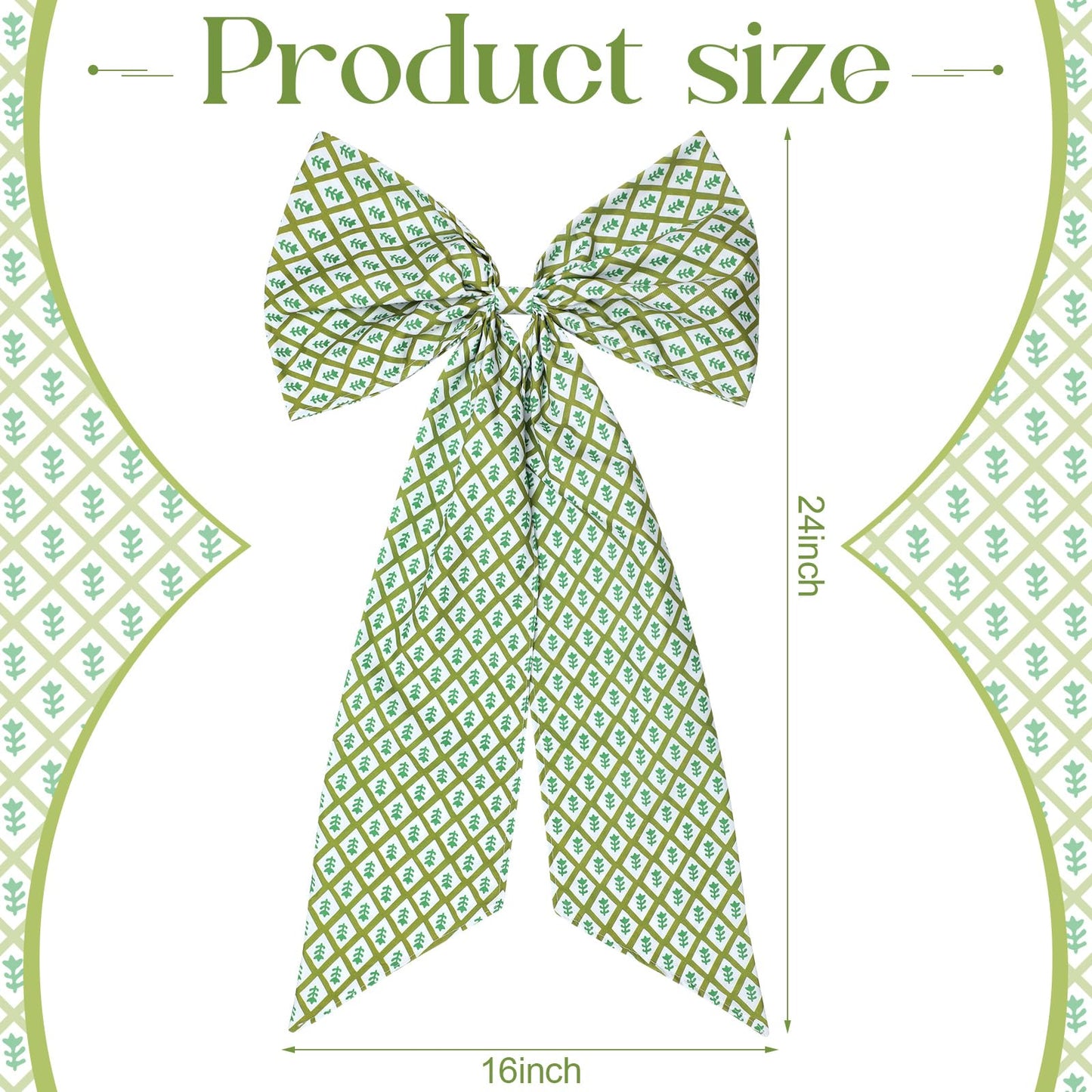 HunnmingRe 2 Pcs Green Block Print Bow Wreath Sash 24 x 16 Inch Christmas Wreath Sash for Front Door Holiday Floral Burlap Bow Accessories for Doorway Indoor Outdoor Garland Home (Green)
