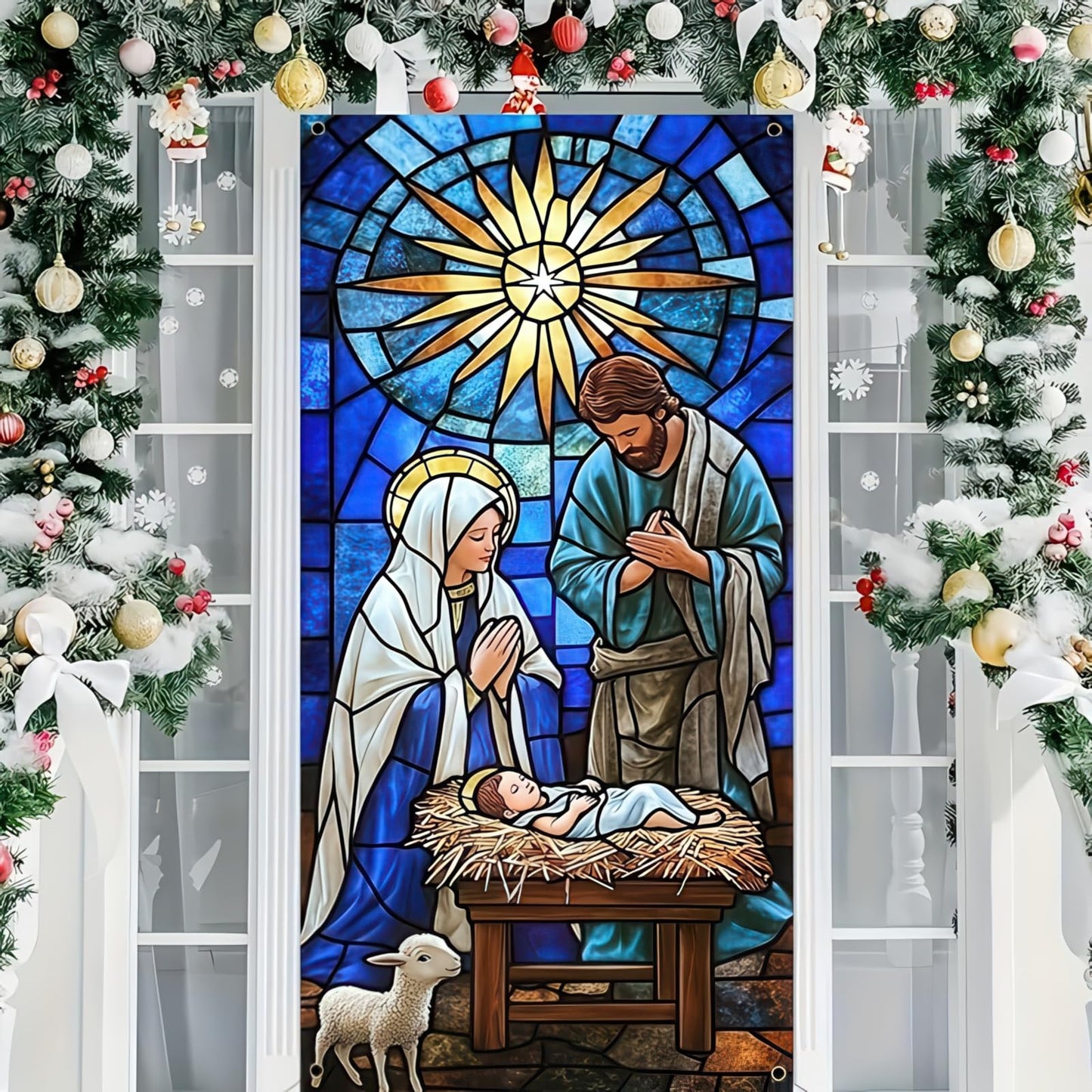 BlissYard Christmas Door Cover 71x35 Inch Nativity Scene Door Banner, Religious Christmas Decoration with Holy Family Design, Front Door Indoor Outdoor Holiday Party Photo Backdrop Hanging Cover
