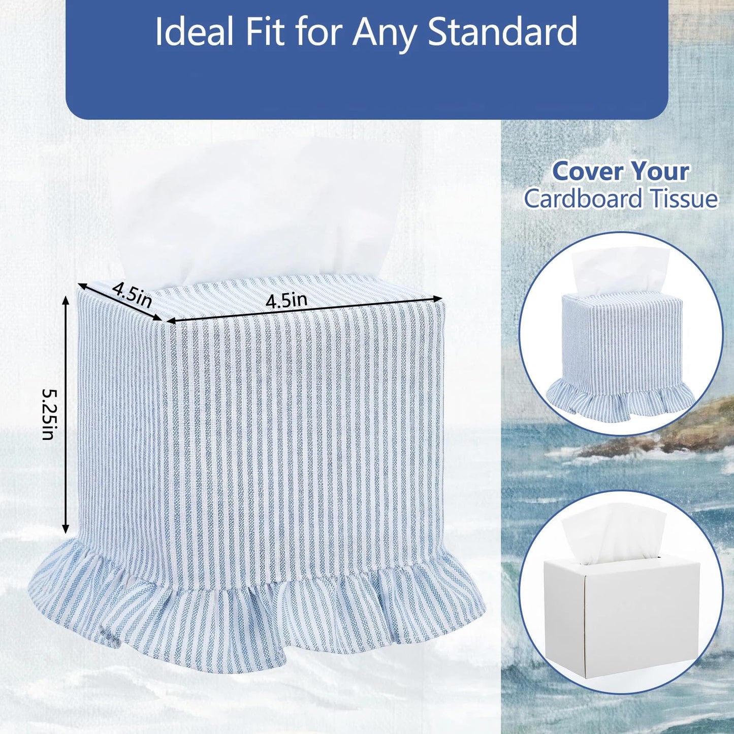 Sawysine Fabric Coastal Tissue Box Cover Light Blue White Linen Tissue Box Cover Decorative Beach Square Napkin Holder for Home Bedroom Living Room Bathroom Office Kitchen