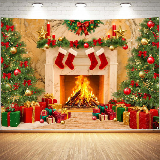Christmas Backdrops for Photography, Fireplace Photo Backdrop for Wall Photoshoot, Xmas Background Holiday Party Tree Red Socks Gifts Decorations 7x5FT