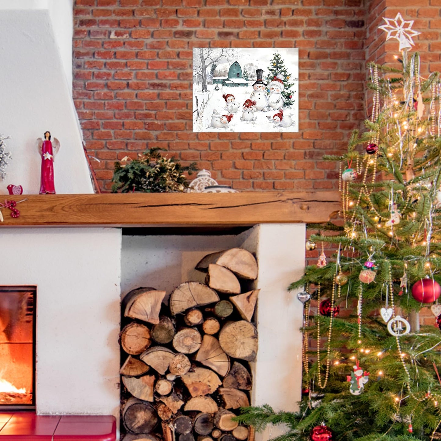 Snowman Christmas Pictures Wall Decor: Christmas Canvas Wall Art Winter Snowman Family Poster Blue Barn Prints Paintings Farmhouse Christmas Decorations for Home Bedroom Living Room 10" x 12"