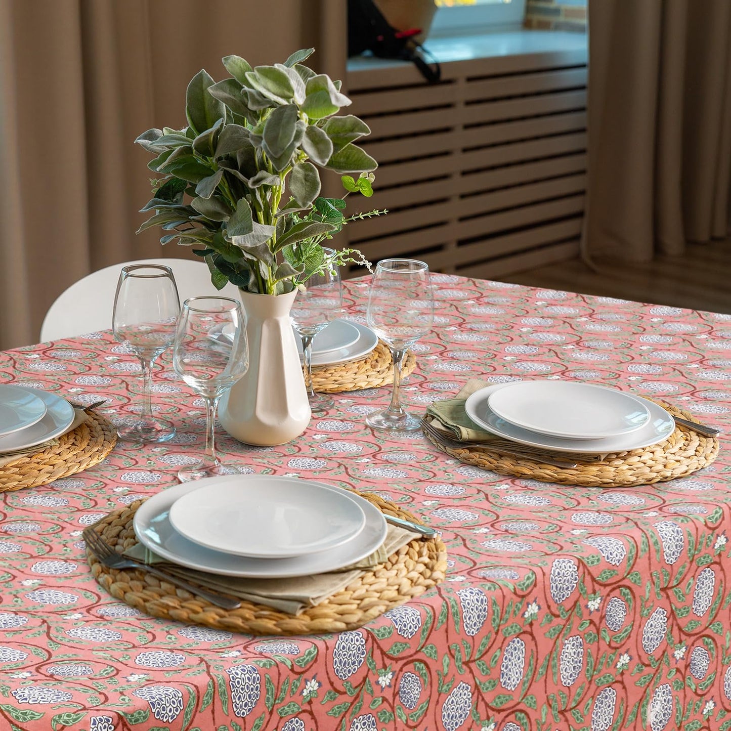 Newtay 60'' x 90'' Hand Block Print Mahjong Table Cloth Square Cotton Floral Tablecloth Washable Print Rectangle Table Cover with Dust Proof for Kitchen Dining Party(60'' X 90'',Dark Salmon,Pink)
